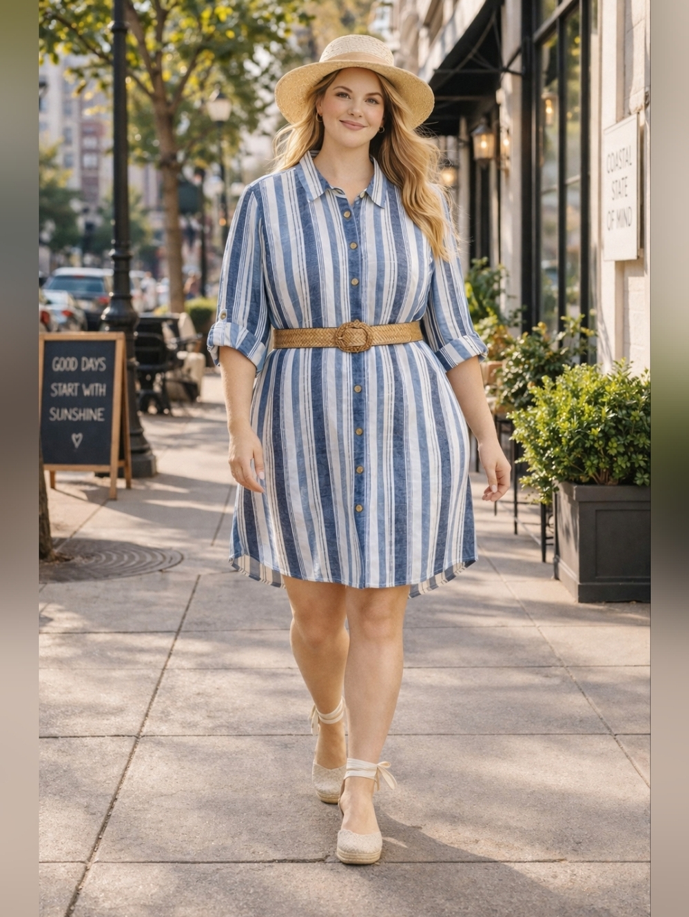 Coastal Striped Shirt Dress 1X Blue White Beachy Button Down Breezy Casual Chic - Picture 5 of 8